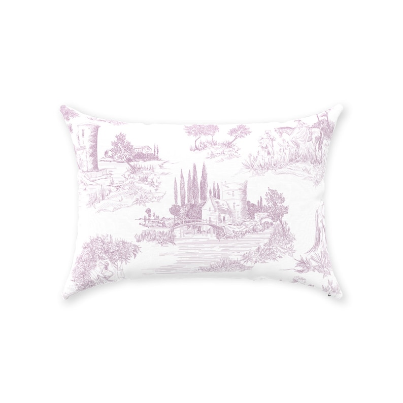 May include: A rectangular decorative pillow with a toile pattern in shades of lavender and white. The design features a pastoral scene with buildings, trees, and a bridge. The pillow is a soft, comfortable home decor item.
