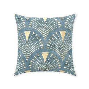 Art Deco-örngott | Tyg med twilltryck i ren bomull | Gatsby vintage-solfjäder med påfågelmotiv | Silvergråblå och guld | Dekorativ kudde