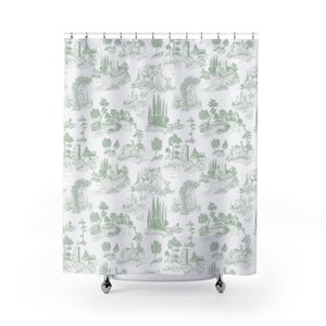 Toile de Jouy Shower Curtain | Vintage French Toile Pattern | Pretty Sage Green Pastoral Art | Antique Cottage Garden Bathroom Decor