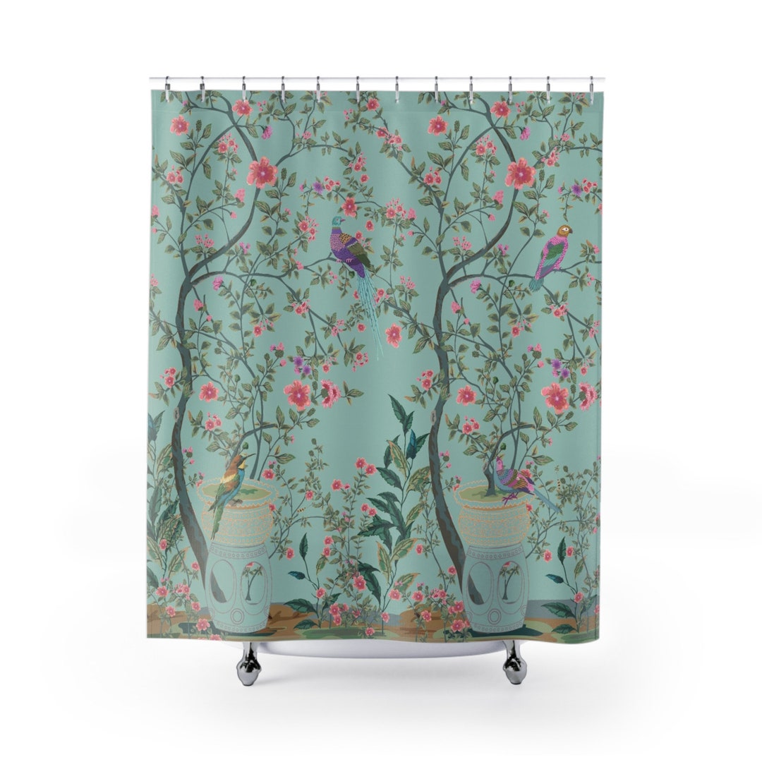 Chinoiserie Shower Curtain Duck Egg Floral Bird Garden Etsy