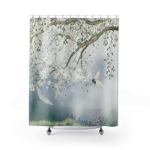 Chinoiserie Shower Curtain | Romantic Misty Cherry Blossom Heron Landscape | Vintage Chinese Art Bathroom Accessory | Pretty Watercolor Art