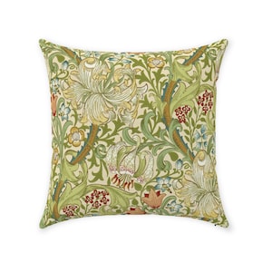 William Morris Pillow Cover | Pure Cotton Twill Print Fabric | Vintage Golden Lily Design Pattern | Pale Biscuit Green | Decorative Cushion