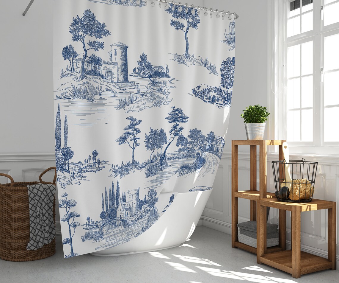 Toile Shower Curtain Blue White French Toile Print Vintage Etsy