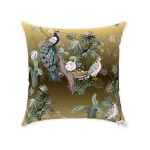 Chinoiserie påfågel örngott | Ren bomullstwill-tryckt tyg | Vintage orientalisk gyllene fresk trädgårdsdesign | Dekorativ kudde