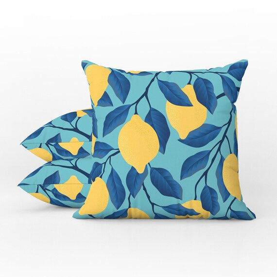 Outdoor Pillows Weatherproof Garden Cushions Positano Lemons Fruit Pattern Ocean Blue Yellow Decorative Waterproof Home Decor Etsy UK