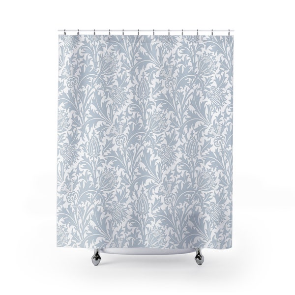 William Morris Shower Curtain | Thistle Silver Grey Blue White Floral | Vintage Art Bathroom Accessory | Whimsical Pretty Bath Curtain