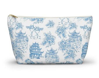 Chinoiserie Cosmetic Bag | Make Up Accessory Pouch | Pretty Vintage Toiletries Case | Chinese Floral Pagoda Blue Toile de Jouy Pattern