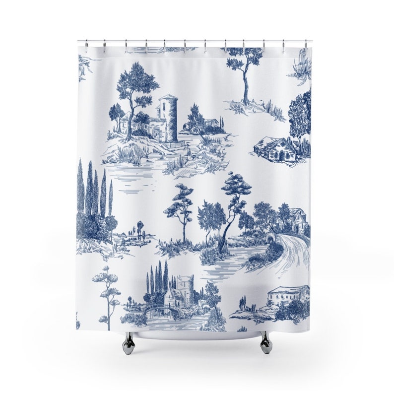 Toile Shower Curtain Blue White French Toile Print Vintage Etsy