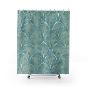 Art Deco Shower Curtain | Aqua Blue Turquoise & Gold Abstract Fan Pattern | Elegant Art Nouveau Style | Chic 1920s Art Deco Bathroom