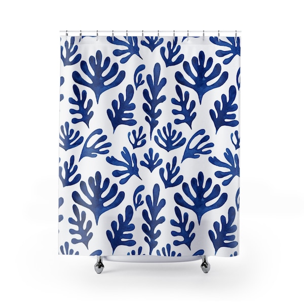 Matisse Shower Curtain | Modern Art Print | Boho Bathroom Accessory | Cobalt Blue & White Pattern | Contemporary Bathroom