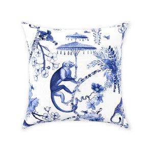 Chinoiserie-apa-örngott | Ren bomullstvist | Vintage exotisk tropisk djungeldesign | Blåvit | Dekorativ kudde