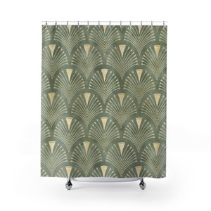 Art Deco Shower Curtain | Glamorous Green & Gold Abstract Fan Pattern | Elegant Art Nouveau Style | Chic 1920s Art Deco Bathroom