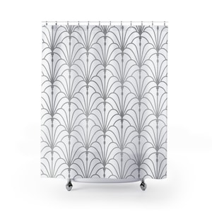Art Deco Shower Curtain | Geometric Print | Vintage Bathroom Accessory | White & Silver Abstract Peacock Fan Pattern | Chic Modern Bathroom