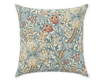 William Morris Pillow Cover | Pure Cotton Twill Print Fabric | Vintage Golden Lily Design Pattern | Blue Slate Manilla | Decorative Cushion