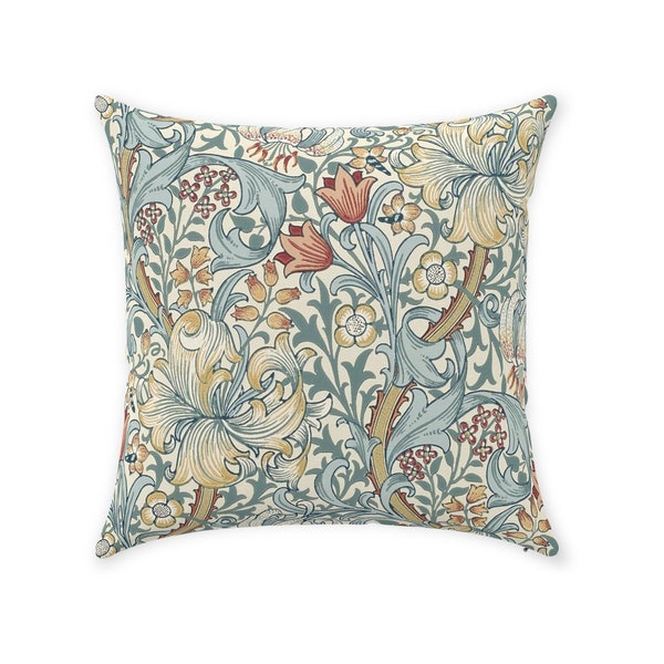 William Morris Pillow Cover | Pure Cotton Twill Print Fabric | Vintage Golden Lily Design Pattern | Blue Slate Manilla | Decorative Cushion