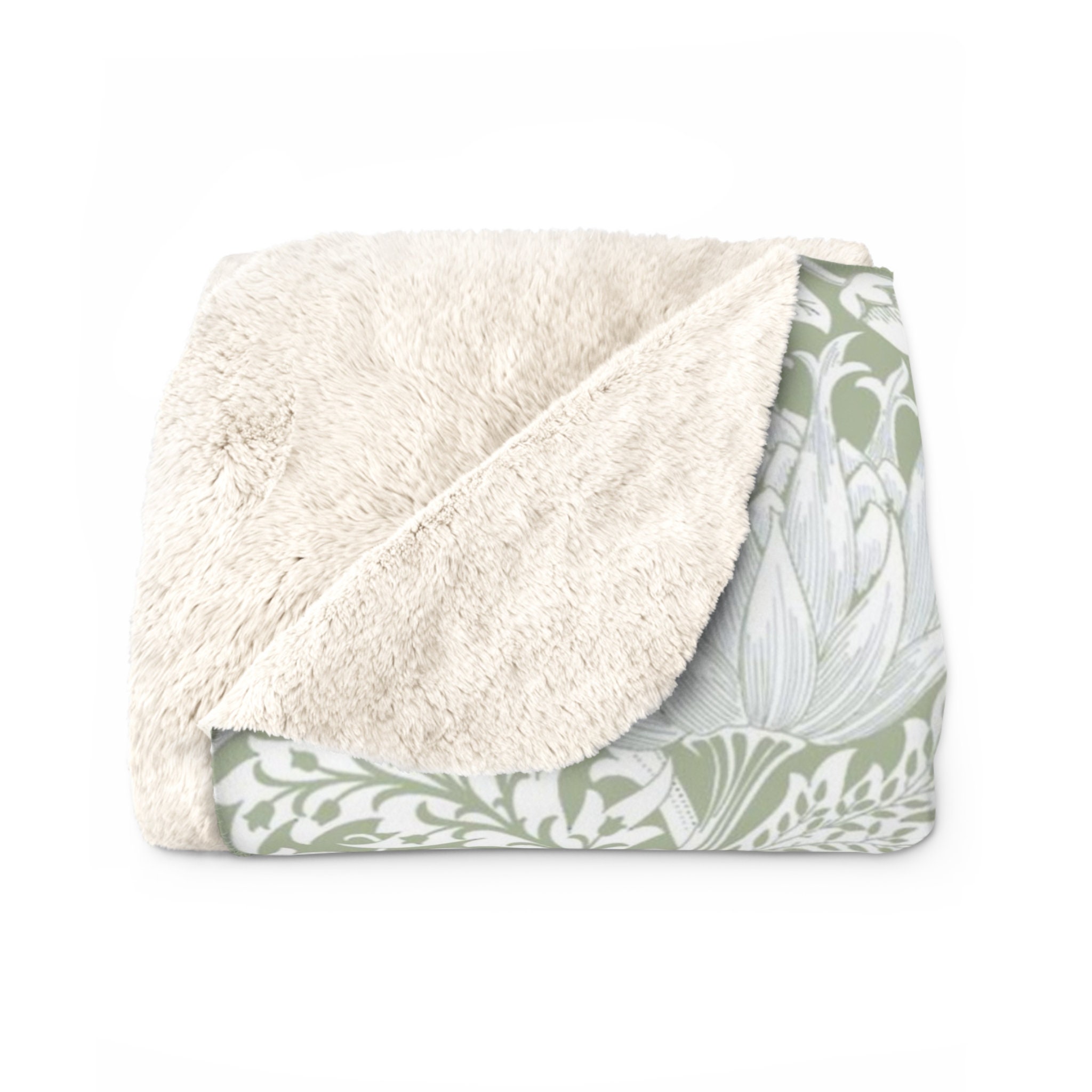 William Morris Fleece Lined Blanket | Artichoke Sage Green & White