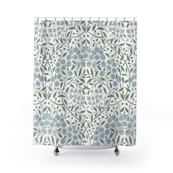 William Morris Shower Curtain | William Morris Antique Wild Flower Pattern | Blue & Green Pastel | Vintage English Floral Bathroom Accessory