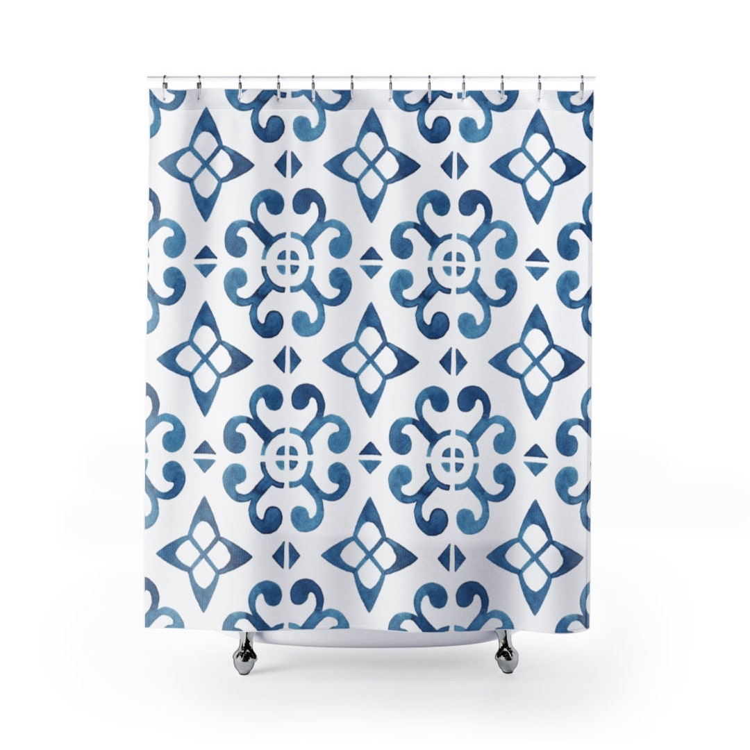 Sintra Shower Curtain Portuguese Tile Pattern Blue White Watercolor Azulejos Mediterranean