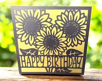 Sunflower birthday card, paper cut birthday card, open birthday card, female birthday card, flower birthday card, any name any age card