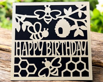 Paper Cut Bee Happy Birthday Card, bee lover birthday card, bee themed birthday card, honey bee birthday card