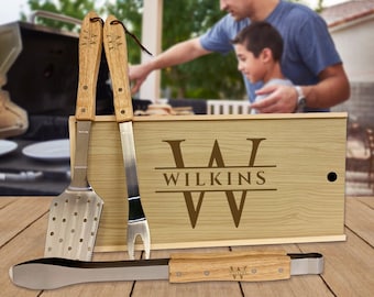 Personalized Engraved Three-Piece BBQ Grill Tool Set With Pine Box - Custom Gift for Him, Anniversary, Gift for Dad, Gift for Husband