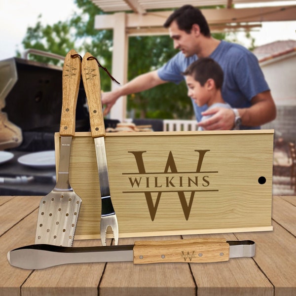 Personalized Engraved Three-Piece BBQ Grill Tool Set With Pine Box - Custom Gift for Him, Anniversary, Gift for Dad, Gift for Husband