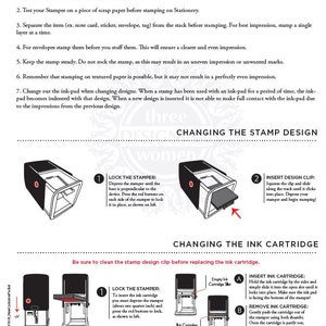May include: A diagram showing how to change the ink cartridge and design clip on a self-inking stamp. The diagram shows the stamp in side and front views. The instructions include locking the stamper, inserting the ink cartridge, and removing the ink cartridge.