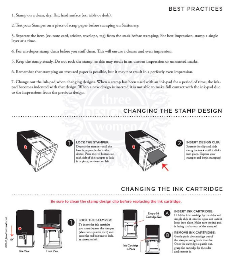 May include: A diagram showing how to change the ink cartridge and design clip on a self-inking stamp. The diagram shows the stamp in side and front views. The instructions include locking the stamper, inserting the ink cartridge, and removing the ink cartridge.