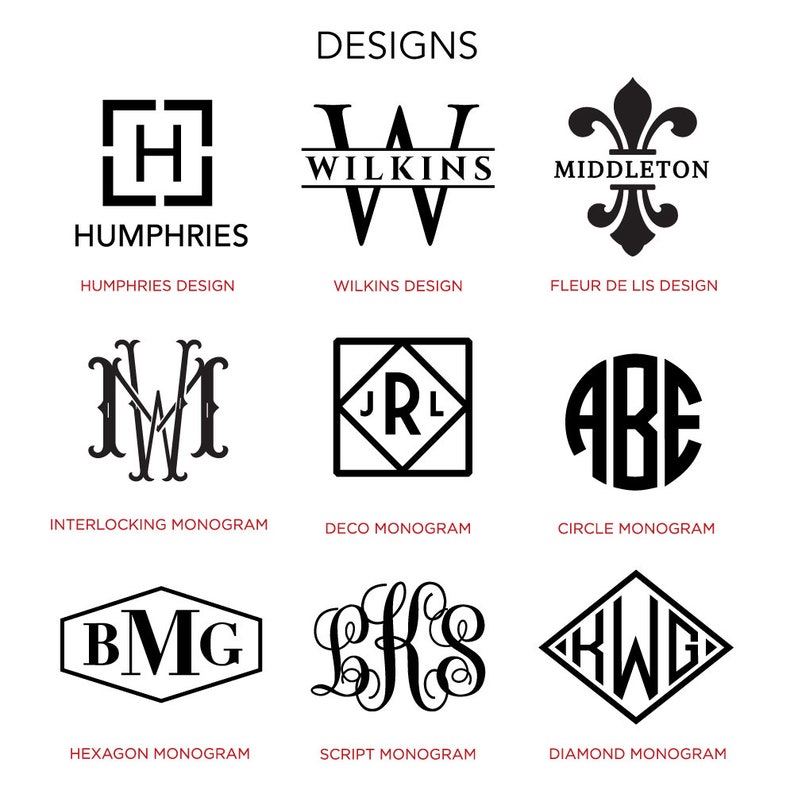 May include: A graphic showing different monogram designs. The designs include a square with the letter H inside, a script W with the word Wilkins above it, a fleur-de-lis with the word Middleton below it, two interlocking W's, a square with the letters JRL inside, a circle with the letters ABE inside, a hexagon with the letters BMG inside, a script monogram with the letters LHS inside, and a diamond with the letters KWG inside.
