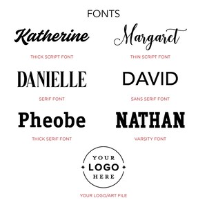 Puede incluir: Un gr&aacute;fico que muestra diferentes estilos de fuente con las palabras "Katherine", "Margaret", "Danielle", "David", "Pheobe" y "Nathan" en texto negro. Las palabras "FONTS", "THICK SCRIPT FONT", "THIN SCRIPT FONT", "SERIF FONT", "SANS SERIF FONT", "THICK SERIF FONT" y "VARSITY FONT" est&aacute;n en texto rojo m&aacute;s peque&ntilde;o. Un c&iacute;rculo con las palabras "YOUR LOGO HERE" est&aacute; en el centro inferior.