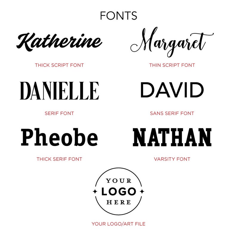 Puede incluir: Un gr&aacute;fico que muestra diferentes estilos de fuente con las palabras "Katherine", "Margaret", "Danielle", "David", "Pheobe" y "Nathan" en texto negro. Las palabras "FONTS", "THICK SCRIPT FONT", "THIN SCRIPT FONT", "SERIF FONT", "SANS SERIF FONT", "THICK SERIF FONT" y "VARSITY FONT" est&aacute;n en texto rojo m&aacute;s peque&ntilde;o. Un c&iacute;rculo con las palabras "YOUR LOGO HERE" est&aacute; en el centro inferior.