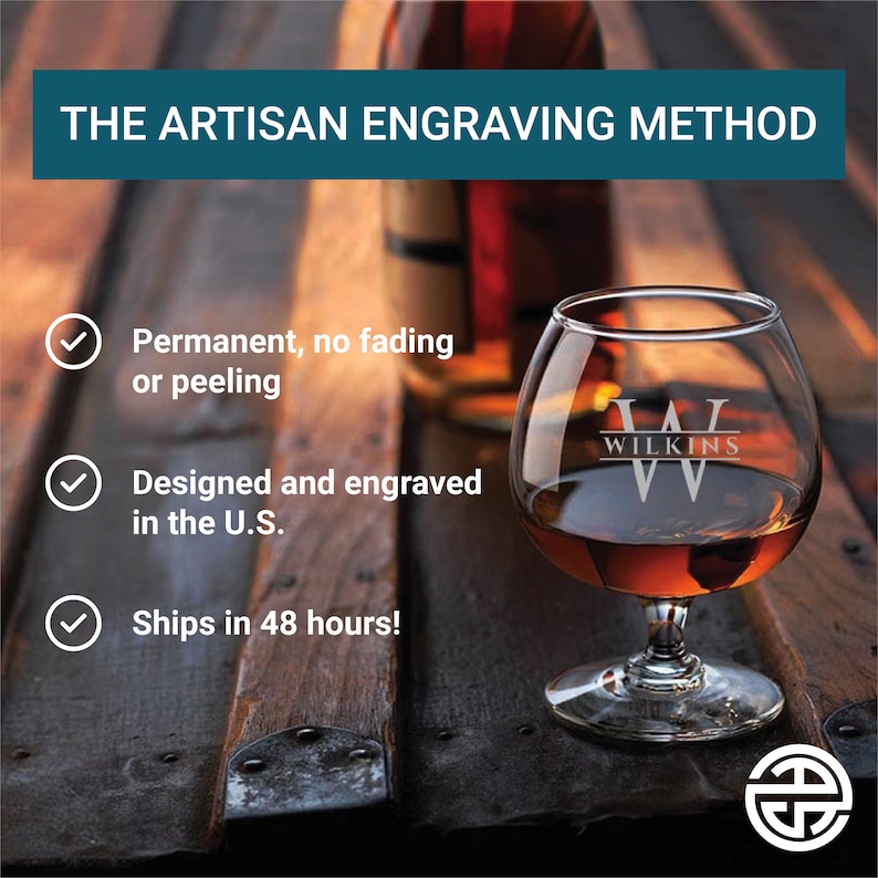 May include: A close-up of a personalized, engraved, clear glass brandy snifter with a brown liquid inside. The glass is sitting on a wooden surface. The engraving says "WILKINS" with a large "W" in the center. The text "THE ARTISAN ENGRAVING METHOD" is at the top of the image.  Three check marks with text describing the engraving method are below the glass.