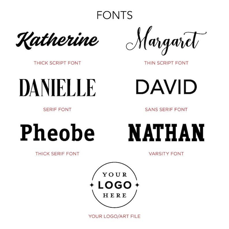 K&ouml;nnte beinhalten: Eine Grafik, die verschiedene Schriftarten mit den W&ouml;rtern "Katherine", "Margaret", "Danielle", "David", "Pheobe" und "Nathan" in schwarzem Text zeigt. Die W&ouml;rter "FONTS", "THICK SCRIPT FONT", "THIN SCRIPT FONT", "SERIF FONT", "SANS SERIF FONT", "THICK SERIF FONT" und "VARSITY FONT" sind in kleinerem, rotem Text. Ein Kreis mit den Worten "YOUR LOGO HERE" befindet sich in der Mitte unten.