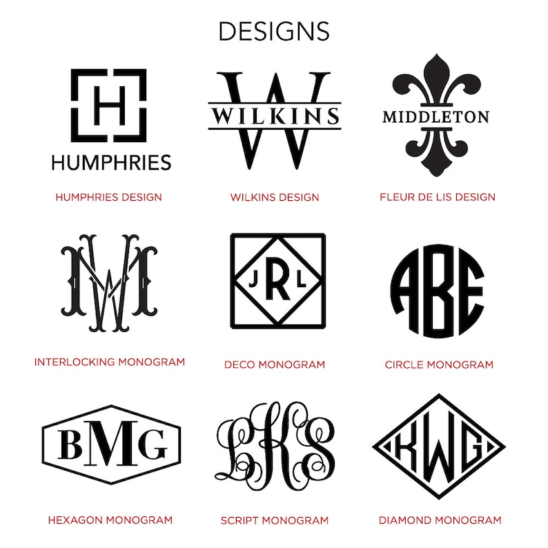 Puede incluir: Un gr&aacute;fico que muestra diferentes dise&ntilde;os de monogramas. Los dise&ntilde;os incluyen un cuadrado con la letra H en su interior, una W de escritura con la palabra Wilkins encima, una flor de lis con la palabra Middleton debajo, dos W entrelazadas, un cuadrado con las letras JRL en su interior, un c&iacute;rculo con las letras ABE en su interior, un hex&aacute;gono con las letras BMG en su interior, un monograma de escritura con las letras LHS en su interior, y un diamante con las letras KWG en su interior.