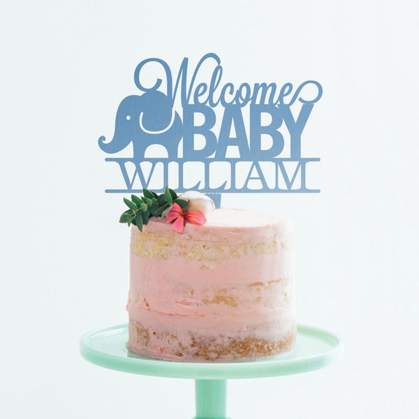 Personalized Welcome Baby Elephant Acrylic Cake Topper - Custom Gift for Baby Shower, New Parents, Newborn, Gender Reveal Party