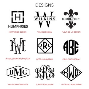 K&ouml;nnte beinhalten: Eine Grafik mit verschiedenen Monogramm-Designs. Die Designs umfassen ein Quadrat mit dem Buchstaben H darin, ein kursives W mit dem Wort Wilkins dar&uuml;ber, eine Fleur-de-lis mit dem Wort Middleton darunter, zwei ineinandergreifende W, ein Quadrat mit den Buchstaben JRL darin, ein Kreis mit den Buchstaben ABE darin, ein Sechseck mit den Buchstaben BMG darin, ein kursives Monogramm mit den Buchstaben LHS darin und ein Diamant mit den Buchstaben KWG darin.