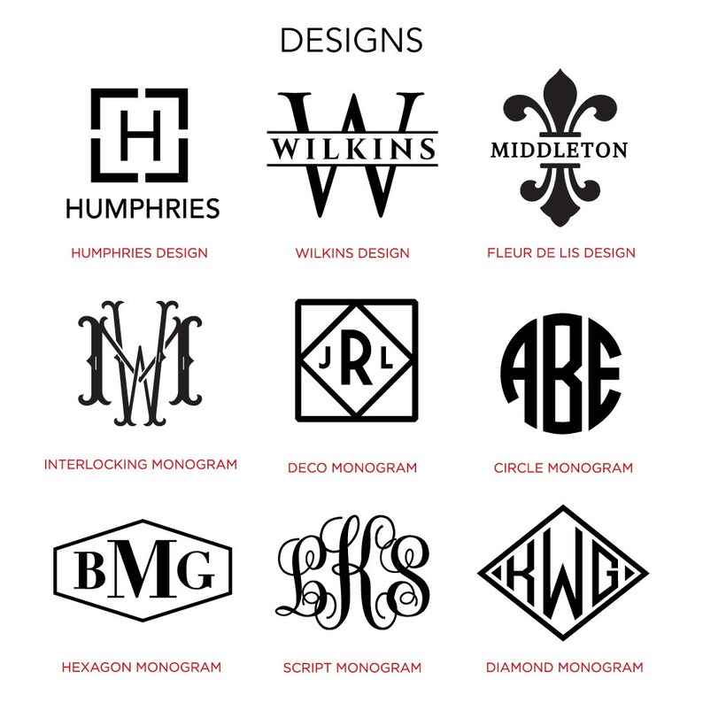 K&ouml;nnte beinhalten: Eine Grafik mit verschiedenen Monogramm-Designs. Die Designs umfassen ein Quadrat mit dem Buchstaben H darin, ein kursives W mit dem Wort Wilkins dar&uuml;ber, eine Fleur-de-lis mit dem Wort Middleton darunter, zwei ineinandergreifende W, ein Quadrat mit den Buchstaben JRL darin, ein Kreis mit den Buchstaben ABE darin, ein Sechseck mit den Buchstaben BMG darin, ein kursives Monogramm mit den Buchstaben LHS darin und ein Diamant mit den Buchstaben KWG darin.