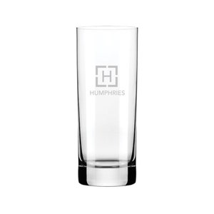 Puede incluir: Un vaso alto de vidrio transparente con un logotipo cuadrado grabado en el lateral que dice "H HUMPHRIES".