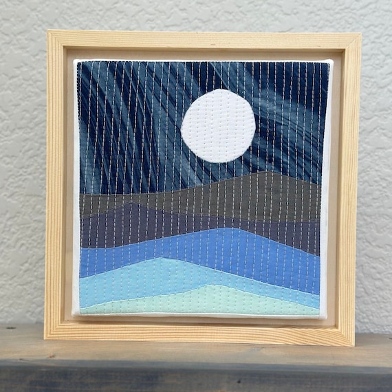 Small wall hanging art. Textile Art, Sewn art, Mountain landscape. Cabin decor, Framed Art,  Kids room decor, Recycle fabrics. Framed art .