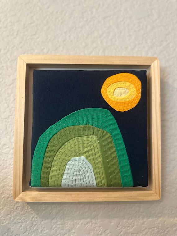 Abstract Textile Art, framed art, handstitch ,  quilt art , wall art decor, cabin decor, kids room decor, hanging art, natural wooden frame.