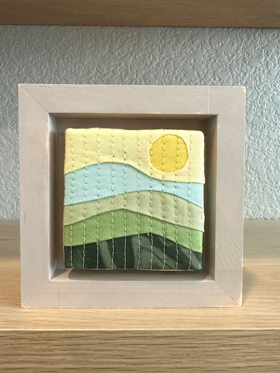 Mini wall hanging art.  Small wall decor. Scrappy Quilt. Collectibles. Mountain design. Cabin decor. Framed art. Small gift .