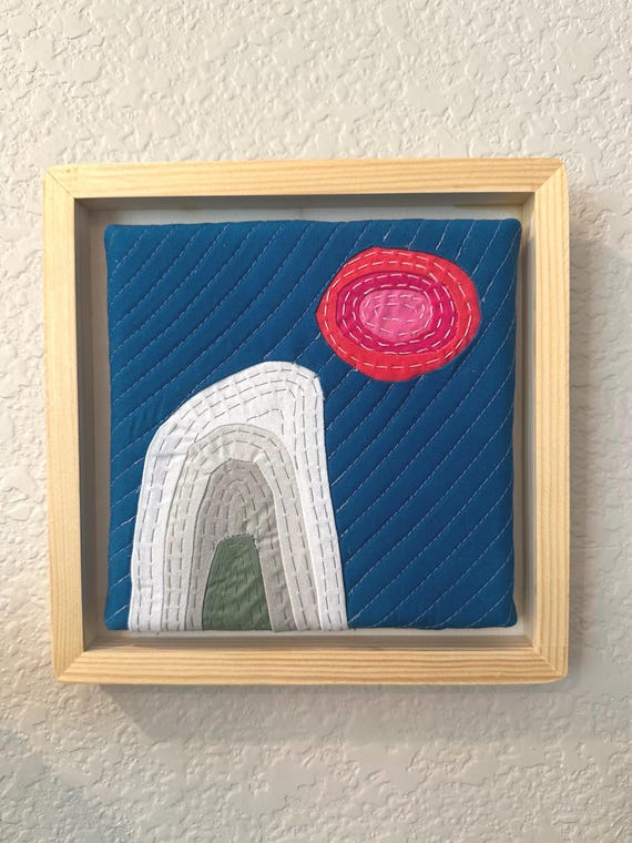 Abstract Textile Art, framed art, handstitch ,  quilt art , wall art decor, cabin decor, kids room decor, hanging art, natural wooden frame.