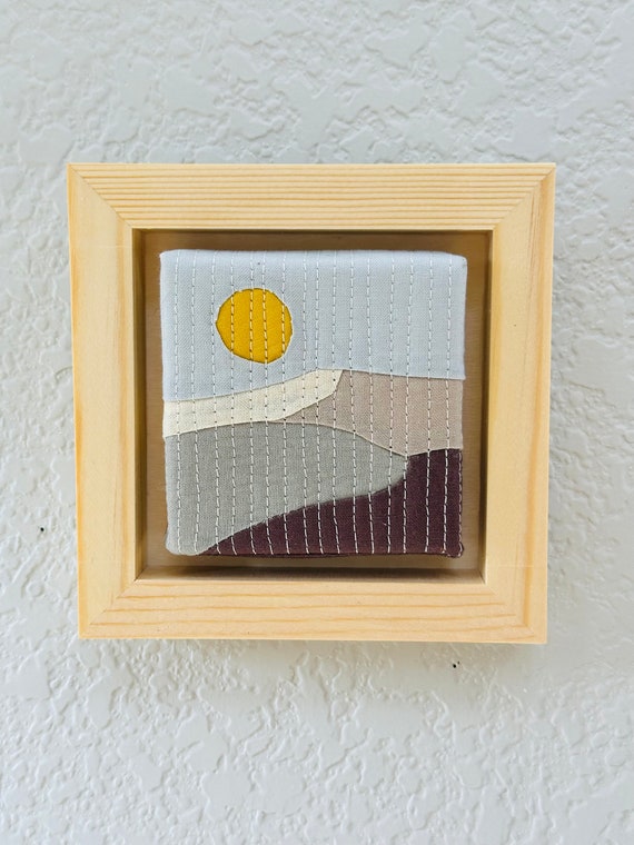 Mini wall hanging art. Small wall decor. Quilted art Scrappy Quilt, Collectibles. Small gift .Mountain design. Cabin decoration. Framed art.