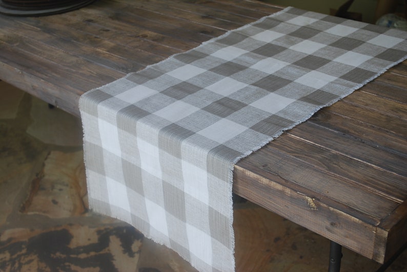 Plaid Taupe and white linen table runner Fall table decorFarmhouseThanksgiving dinner Table SettingCustom orders available image 2