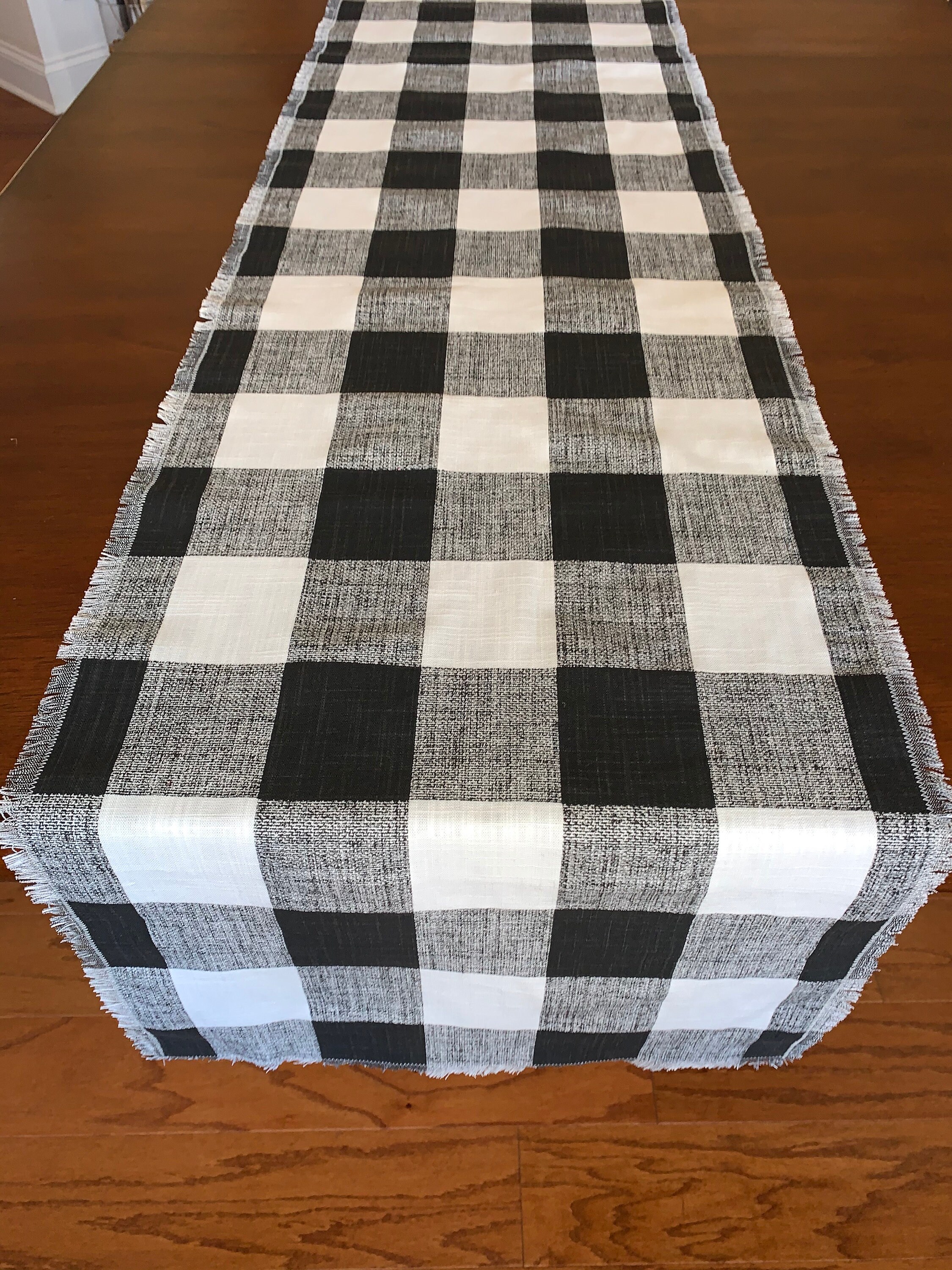 Buffalo Check Black and White Table Runner With Fringes Plaid Etsy