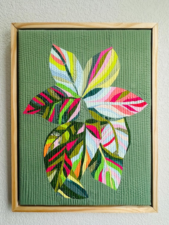 Modern Botanical Art quilting. Colorful leaves wall hanging .