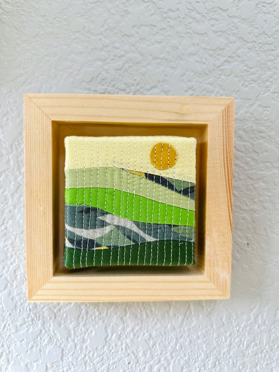 Mini wall hanging art . Quilted textile art . Scrappy Quilt, Collectibles . Mini Mountain.Cabin decoration .Framed art. Small gift.