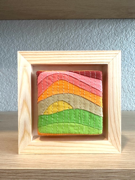 Mini wall hanging art . Small wall decor .Quilted textile art . Small gift. Scrappy Quilt, Collectibles . Mountain design. Contemporary art.