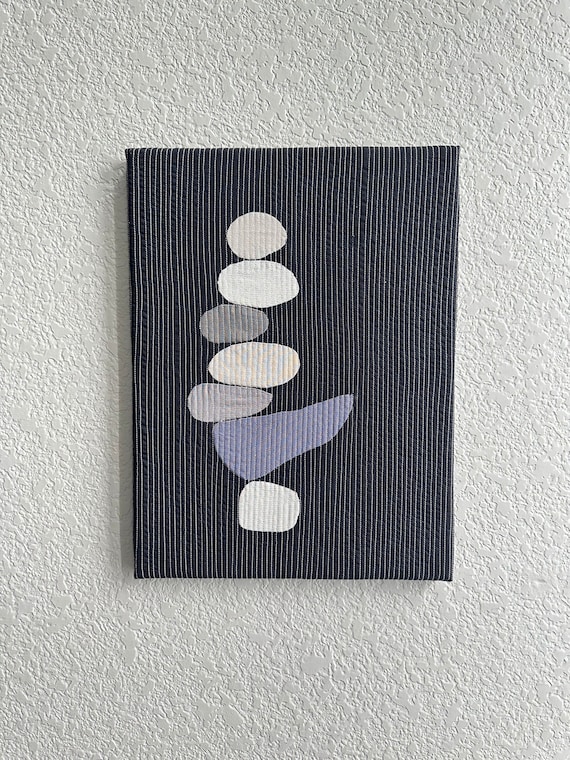 Yoga quilted framed art ,Calm and relaxing textile Art ,balancing rocks, Recycled fabrics, organic shapes, wall decor, sewn piece .