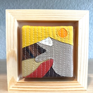 Mini wall hanging art. Small wall decor .Quilted textile art . Scrappy Quilt, Collectibles. Mountain design.Small gift. Cabin decor.Framed .